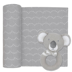 Living Textiles Muslin Swaddle & Rattle Gift Set - Kevin the Koala/Grey Dots