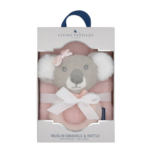 Living Textiles Muslin Swaddle & Rattle Gift Set - Chloe the Koala/Blush Dots