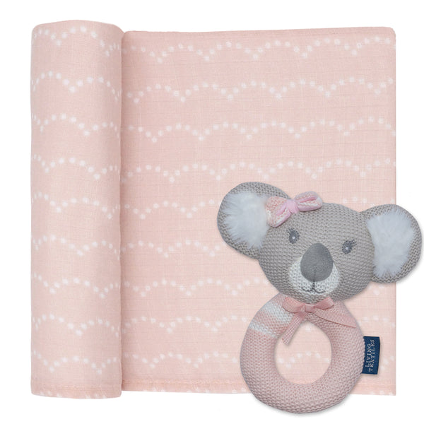 Living Textiles Muslin Swaddle & Rattle Gift Set - Chloe the Koala/Blush Dots