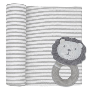 Living Textiles Muslin Swaddle & Rattle Gift Set - Austin the Lion/Grey Stripe