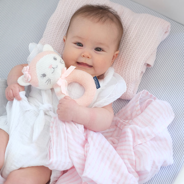Living Textiles Muslin Swaddle & Rattle Gift Set - Daisy the Cat/Blush Stripe