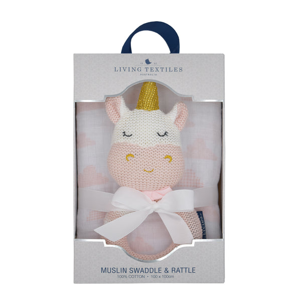 Living Textiles Muslin Swaddle & Rattle Gift Set - Kenzie the Unicorn/Blush Clouds
