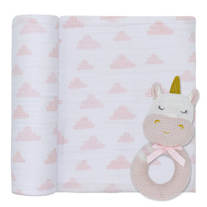 Living Textiles Muslin Swaddle & Rattle Gift Set - Kenzie the Unicorn/Blush Clouds