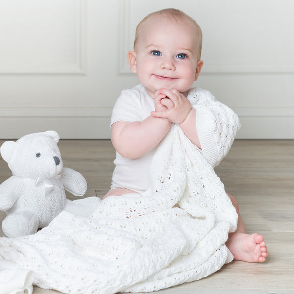 Living Textiles Lattice Baby Shawl - White