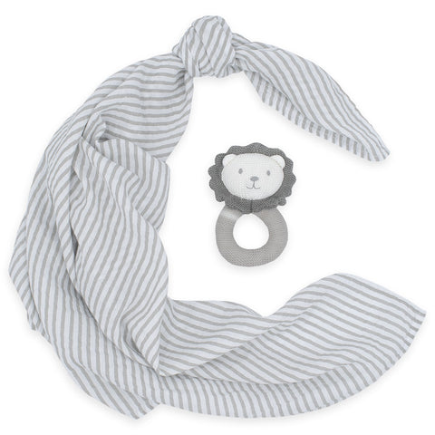 Living Textiles Muslin Swaddle & Rattle Gift Set - Austin the Lion/Grey Stripe