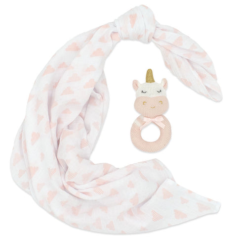 Living Textiles Muslin Swaddle & Rattle Gift Set - Kenzie the Unicorn/Blush Clouds