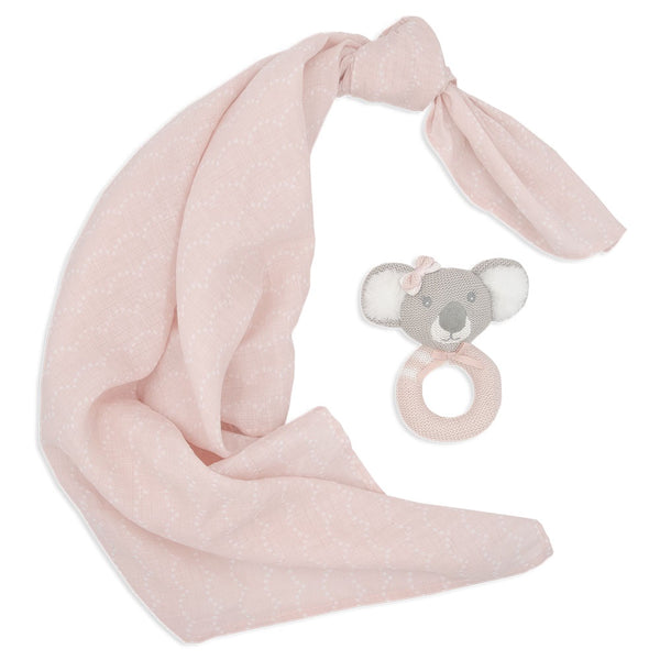 Living Textiles Muslin Swaddle & Rattle Gift Set - Chloe the Koala/Blush Dots