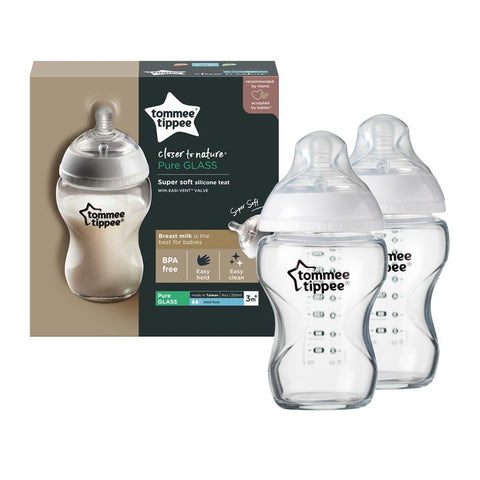 Tommee Tippee 250ml Glass Bottle with Medium Flow Teat 2pk