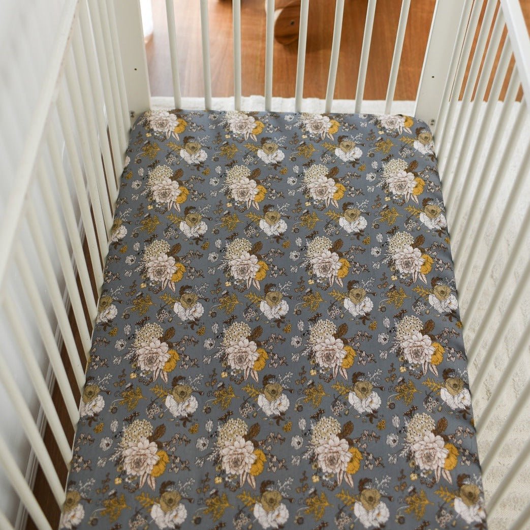 Luna's Treasures Bamboo Jersey Cot Sheet - Indigo Blooms