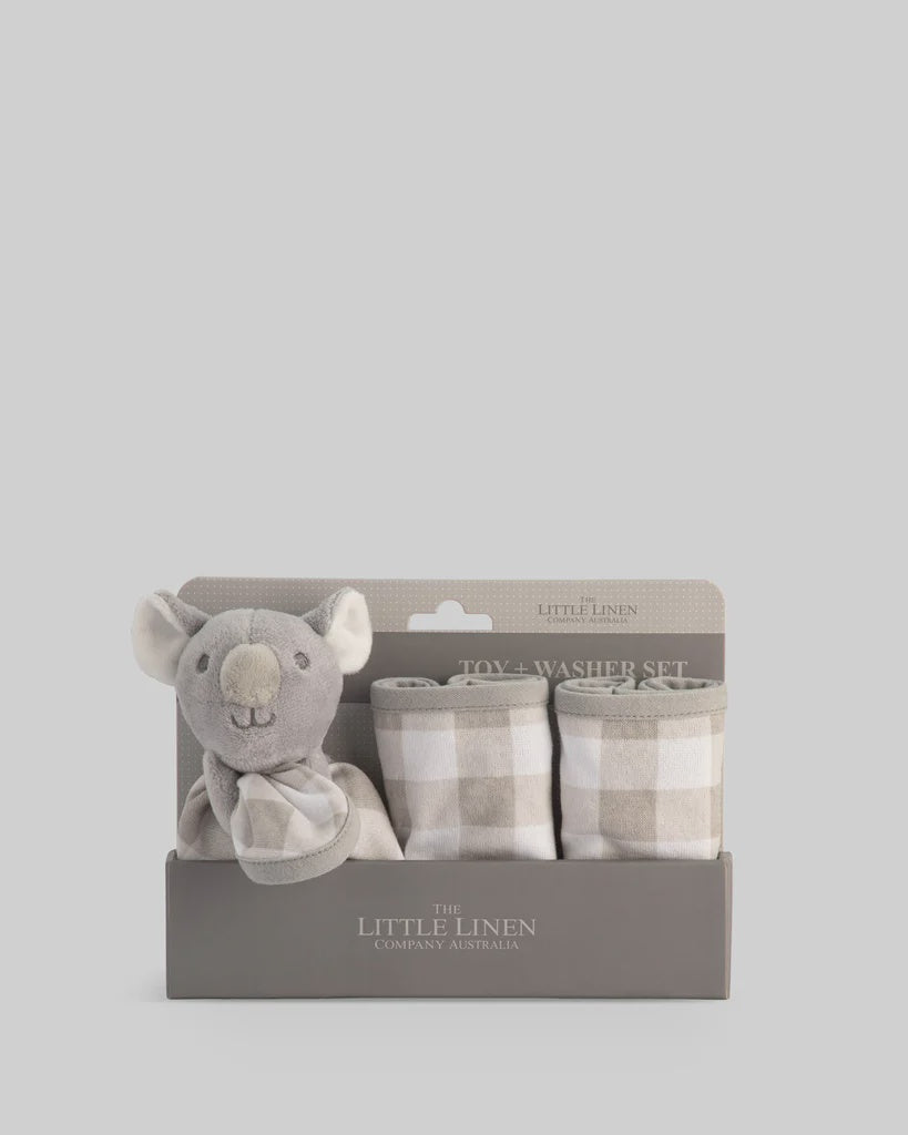 The Little Linen Co Towelling Baby Face Washer + Toy Set - Cheeky Koala