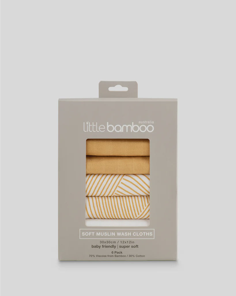 Little Bamboo Muslin Washers 6Pk - Linear Sands Marigold