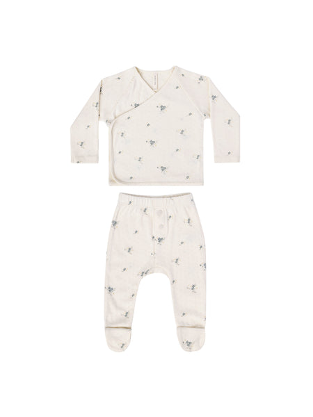 Quincy Mae Pointelle Wrap Top & Footed Pant Set - Ditsy Ocean