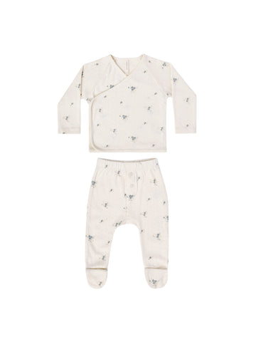 Quincy Mae Pointelle Wrap Top & Footed Pant Set - Ditsy Ocean