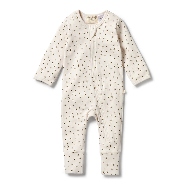 Wilson & Frenchy Organic Rib Zipsuit with Feet Chasing the Moon