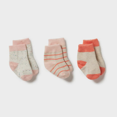 Wilson & Frenchy Organic 3 Pack Baby Socks - Silver Peony / Oatmeal / Coral