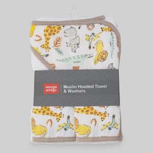 Weegoamigo Muslin Baby Hooded Towel + Towelling Washers - Ernie Elephant