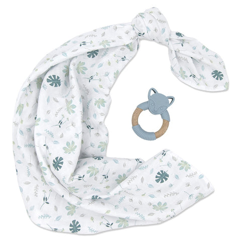 Living Textiles Organic Muslin Swaddle & Teether - Banana Leaf