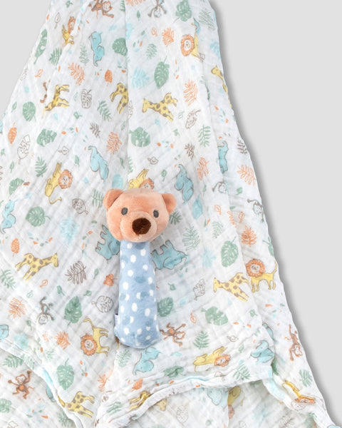 The Little Linen Co - Muslin Wrap & Crinkle Toy - Safari Bear